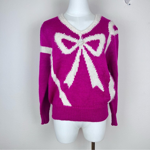 Vintage Jaclyn Smith Sweater Womens Medium Pink 80s 90s Beaded Bow Wool Angora - Picture 1 of 12